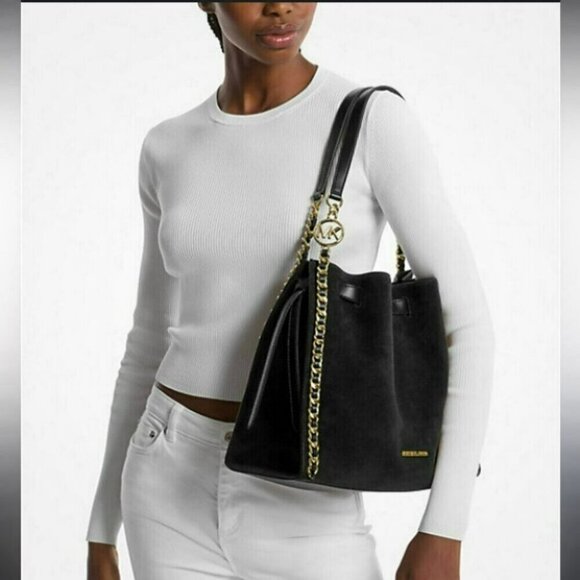 🔥NeW! $598 Large Michael Kors Mina Suede Chain Shoulder Bag - Picture 4 of 10